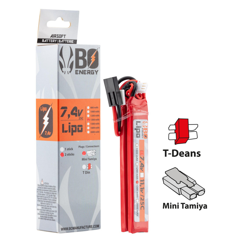 2 sticks batterie Lipo 2S 7.4V 1300mAh 25C T-Dean