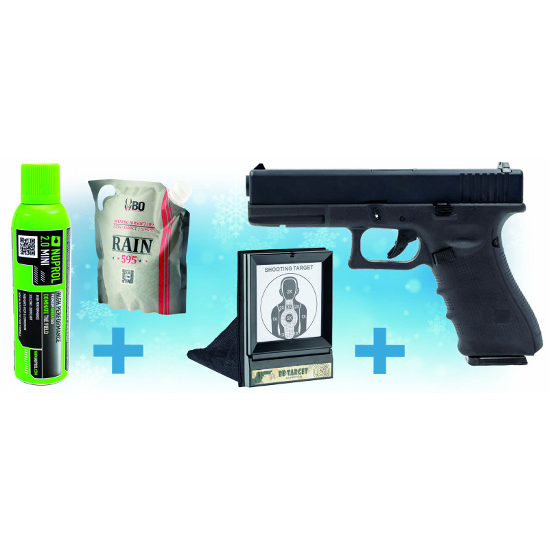 Pack réplique GBB Raven EU7 Noir 1J + billes + cible + gaz