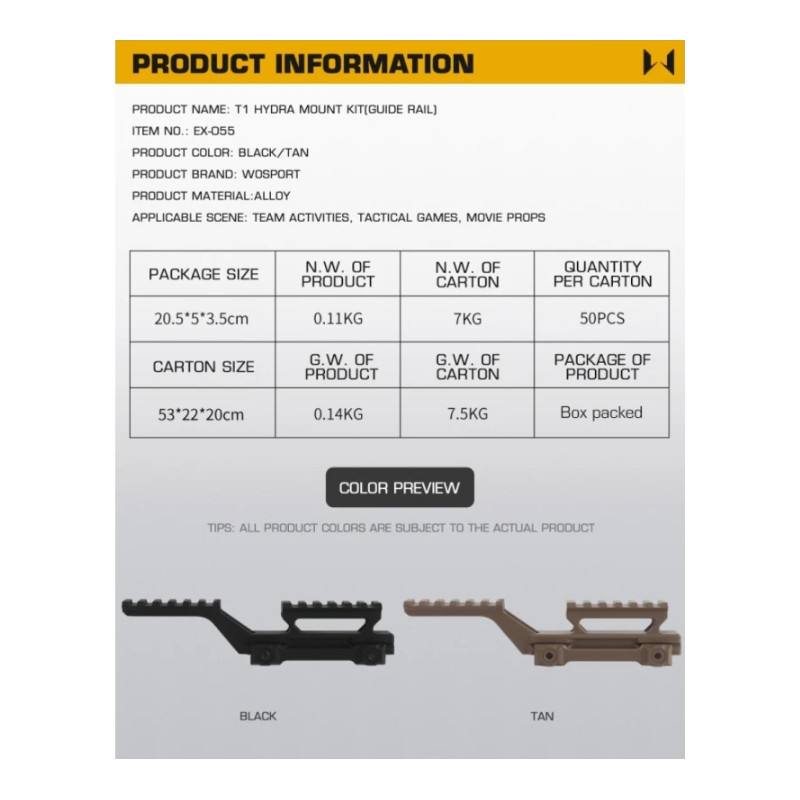 MONTAGE HYDRA T1, Low RIS / Guide rail - Black